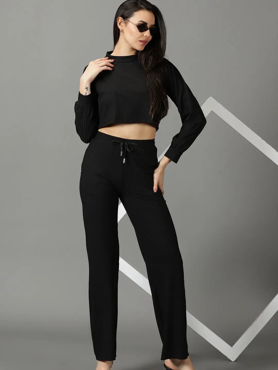 Women's Black Acrylic High Neck Top & Palazzos Co-Ords