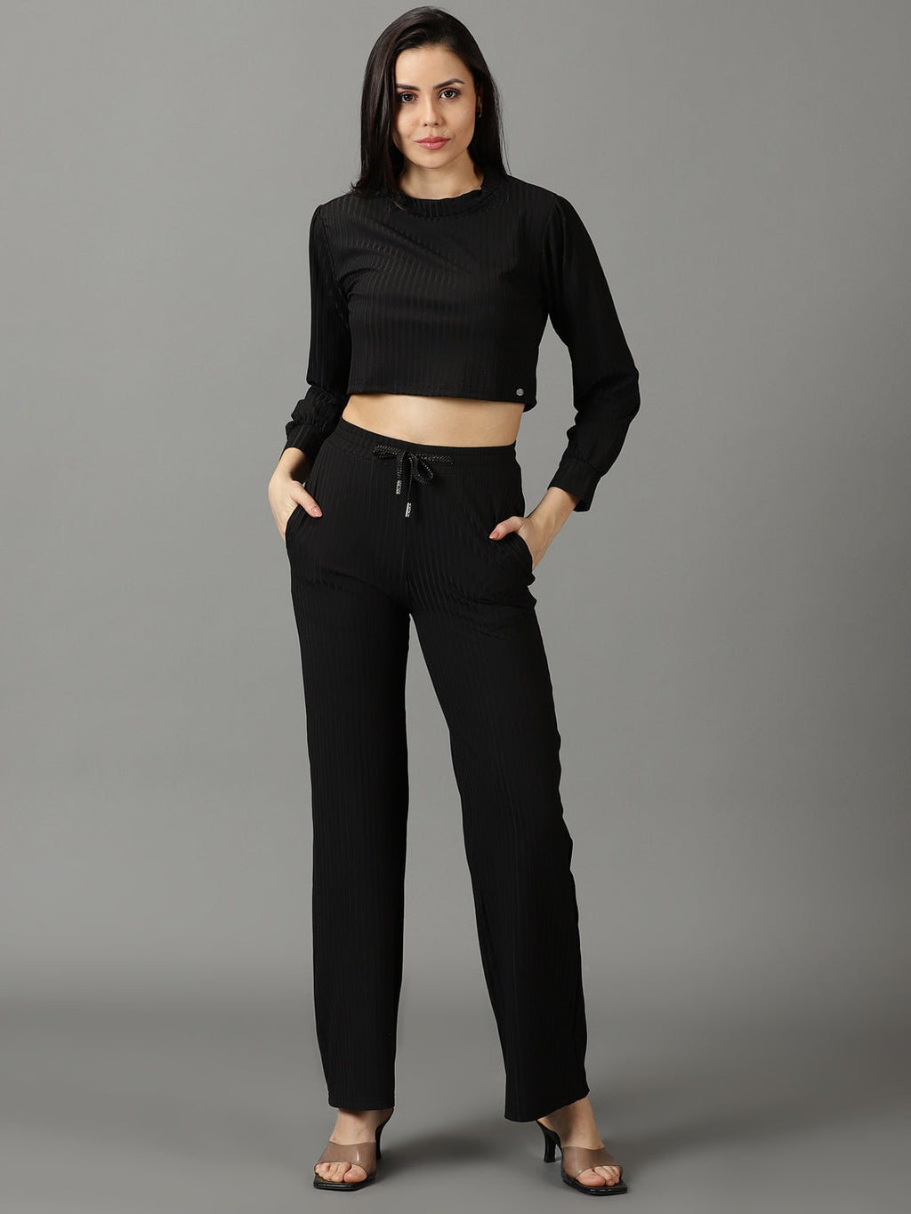 Women's Black Acrylic High Neck Top & Palazzos Co-Ords