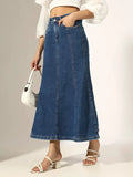 Women's Panelled Navy Blue Denim Flared Skirt