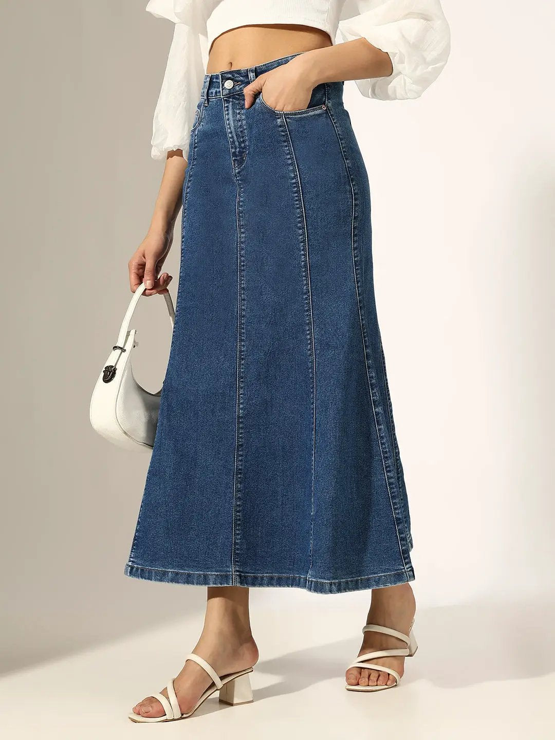 Women's Panelled Navy Blue Denim Flared Skirt