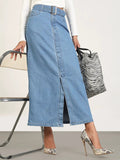 Women's Blue Solid Pencil Maxi Denim Skirt
