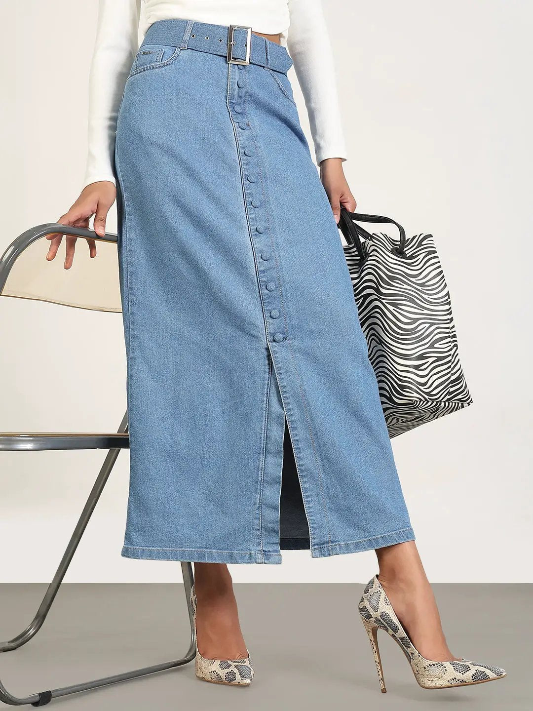 Women's Blue Solid Pencil Maxi Denim Skirt
