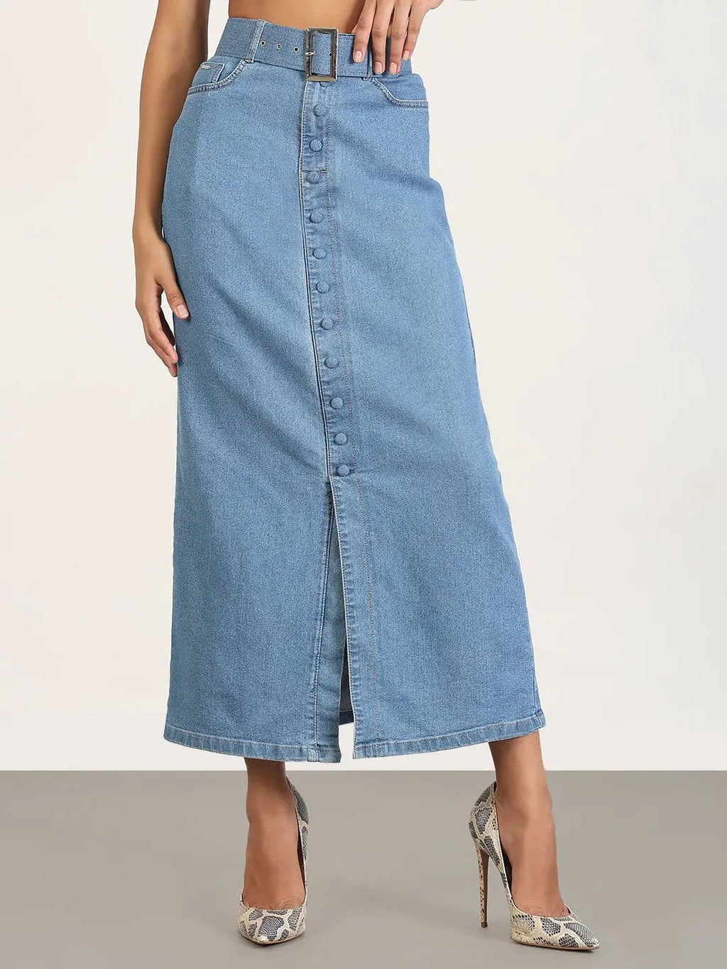 Women's Blue Solid Pencil Maxi Denim Skirt