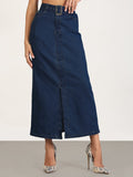 Women's Navy Blue Maxi Denim Skirt with Front Slit and Belt