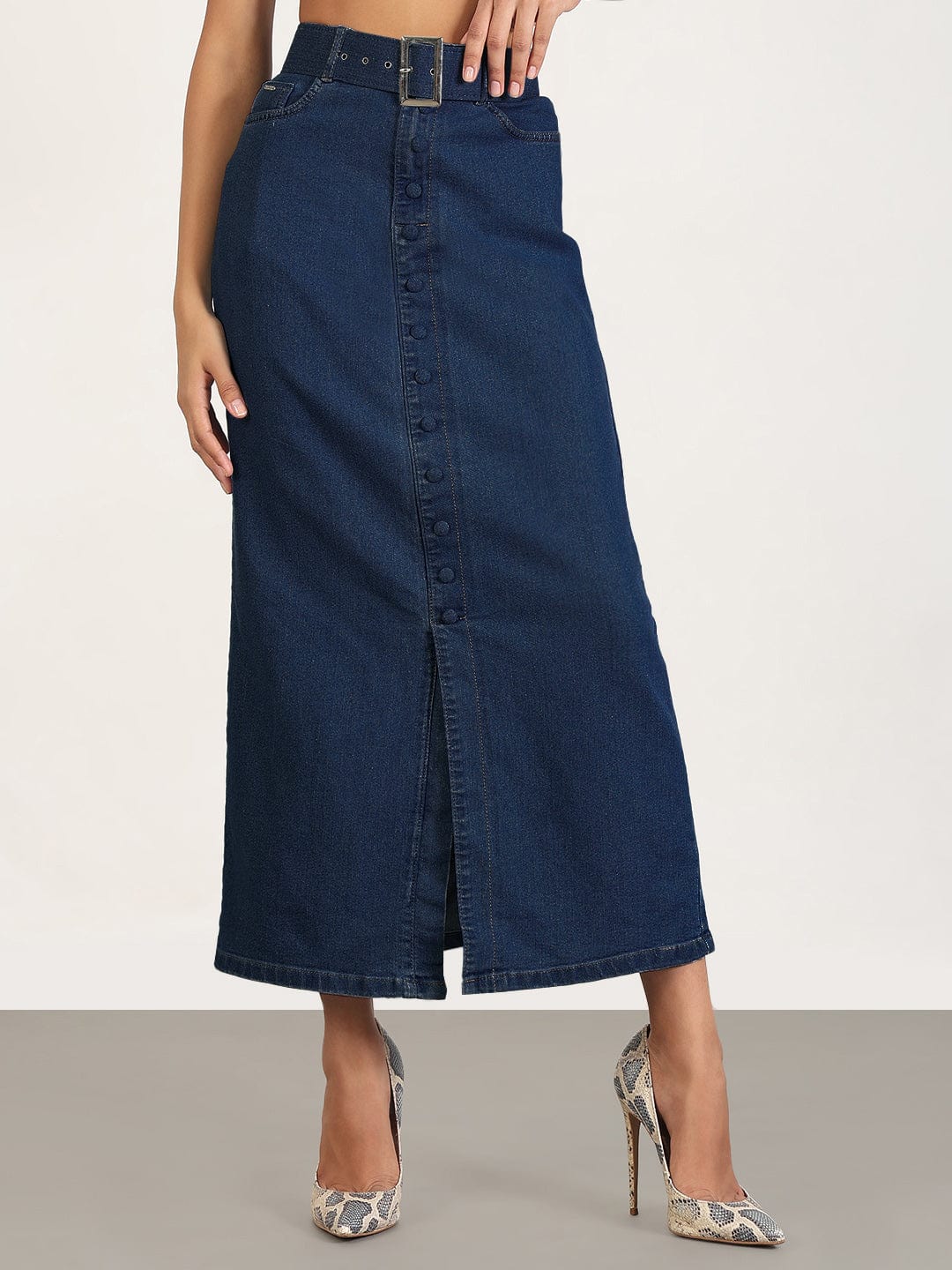 Women's Navy Blue Maxi Denim Skirt with Front Slit and Belt