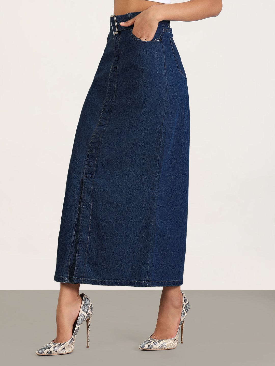 Women's Navy Blue Maxi Denim Skirt with Front Slit and Belt