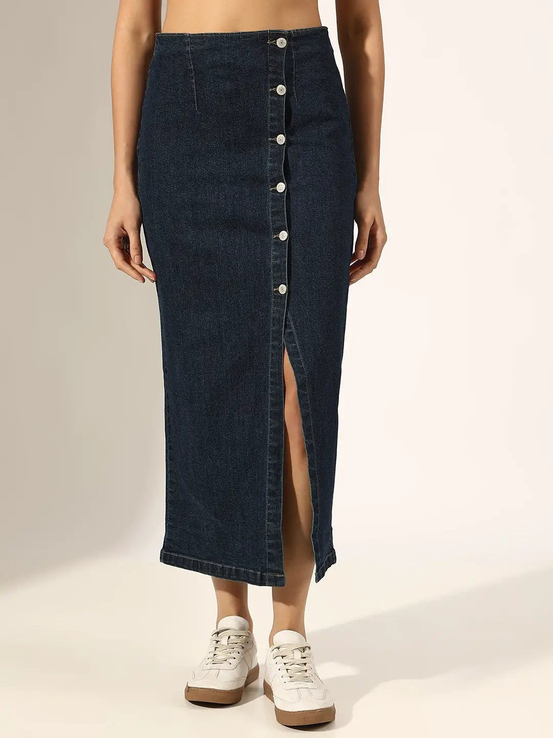 Women's Navy Blue Denim Button-Down Front Slit Skirt