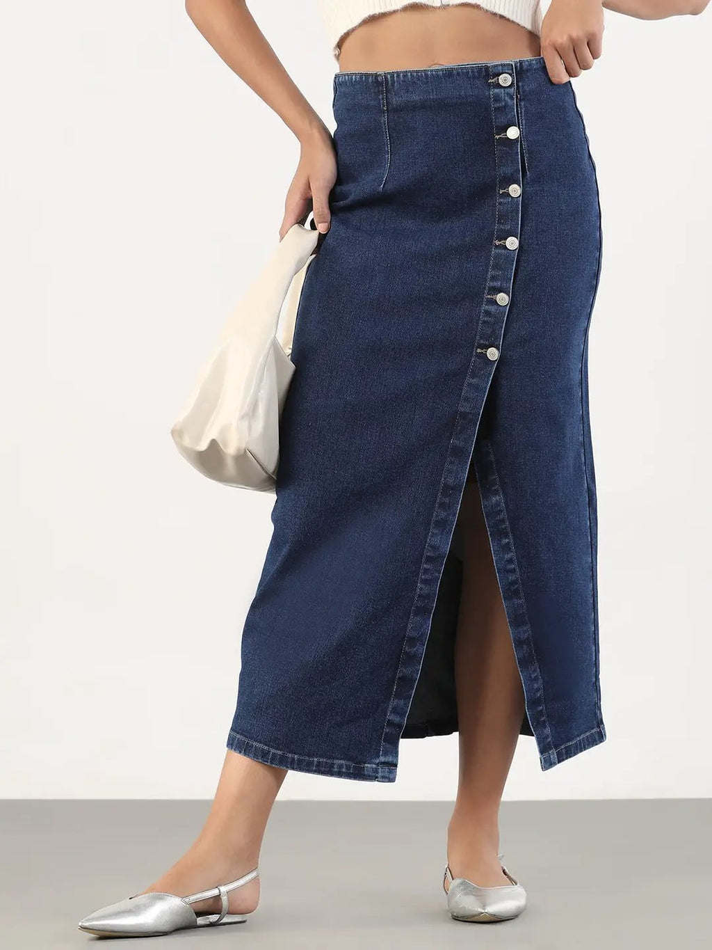 Women's Solid Pencil Fit Midi Navy Blue Denim Skirt