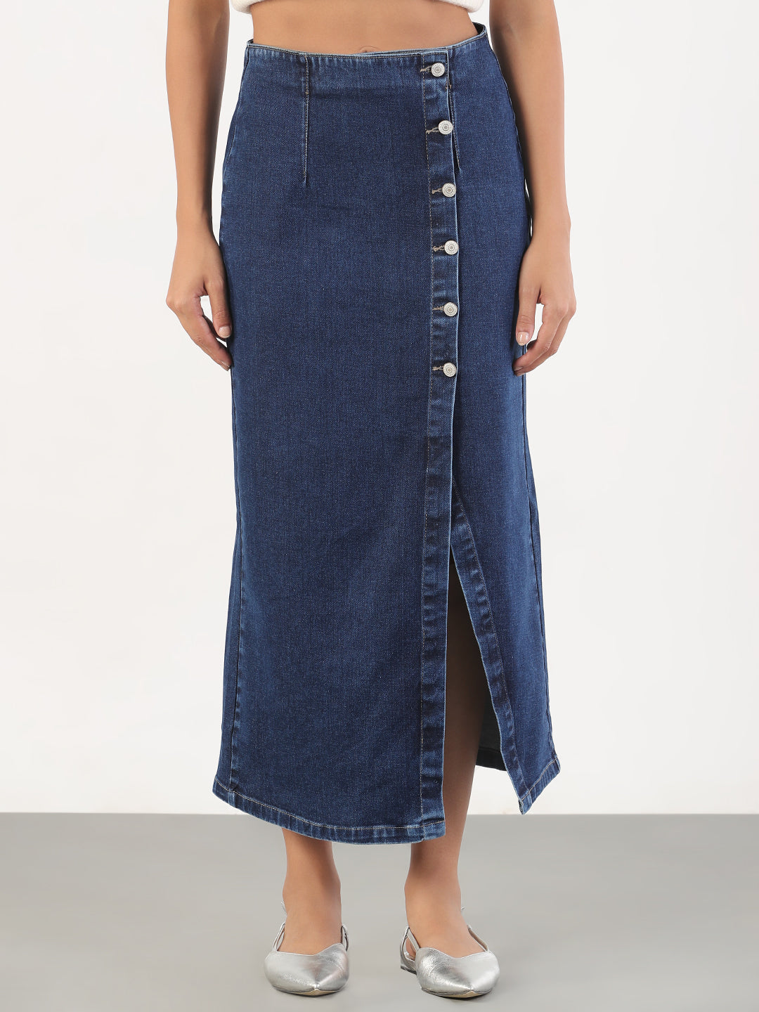Women's Solid Pencil Fit Midi Navy Blue Denim Skirt