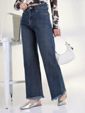 Women's Solid Blue Frayed Hem Straight Fit Jean