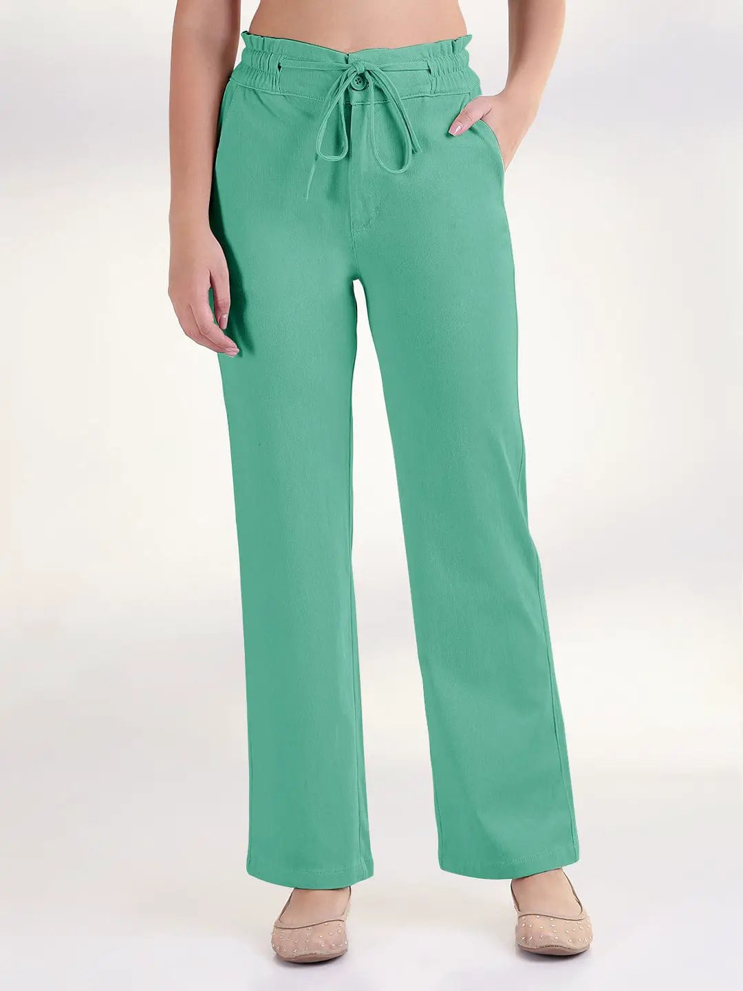 Women's Green Straight Fit Cotton Trousers with Waist Tie up and Button