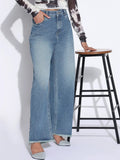 Women's Solid Blue Frayed Hem Straight Fit Jeans
