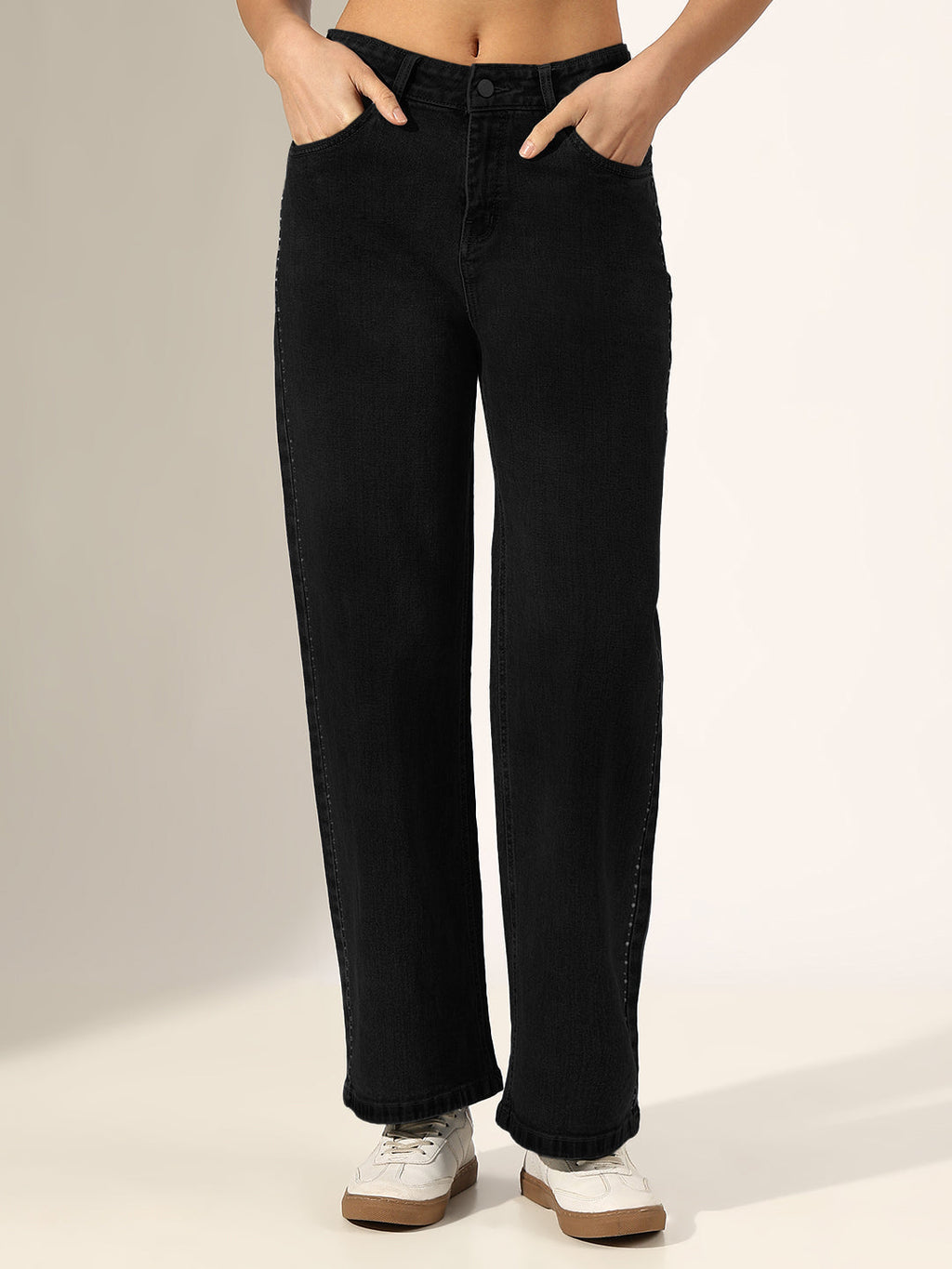 Women's Black Mid-Rise Straight Fit Jeans with Side Seam Embellishments