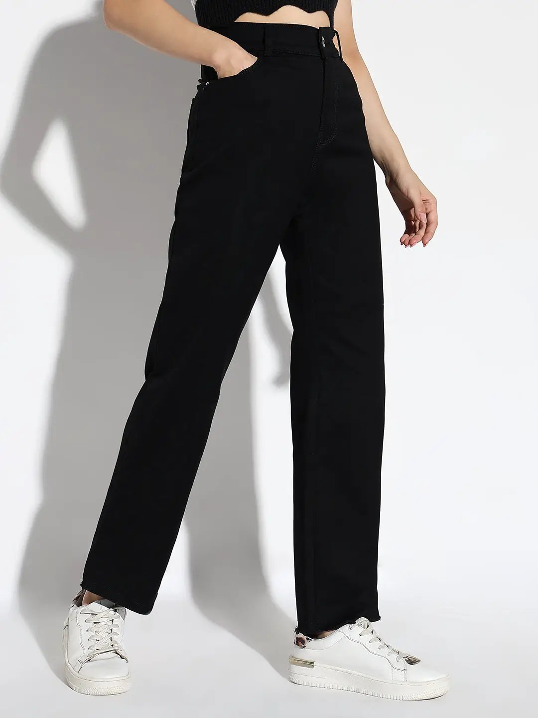Women's Black Cotton Comfort Straight Fit Acid Wash Stretchable Jeans