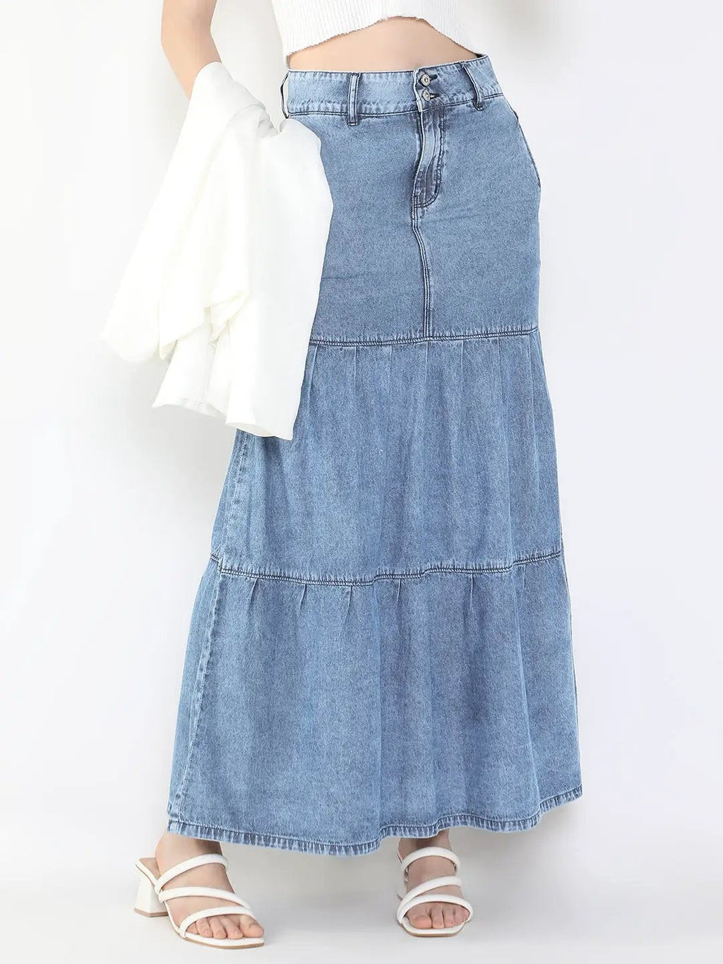Women's Blue Tiered Maxi Denim Skirt