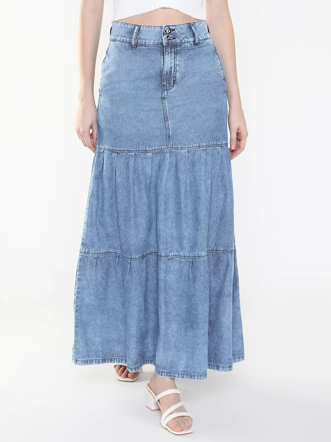 Women's Blue Tiered Maxi Denim Skirt