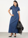 Women's Solid Blue Denim A-Line Maxi Dress