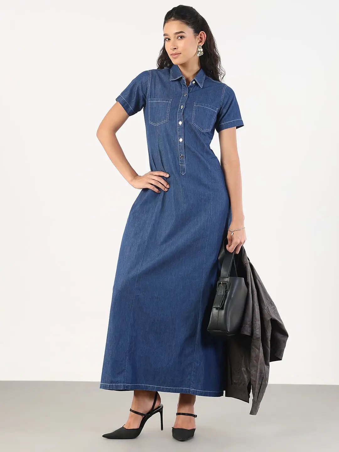 Women's Solid Blue Denim A-Line Maxi Dress