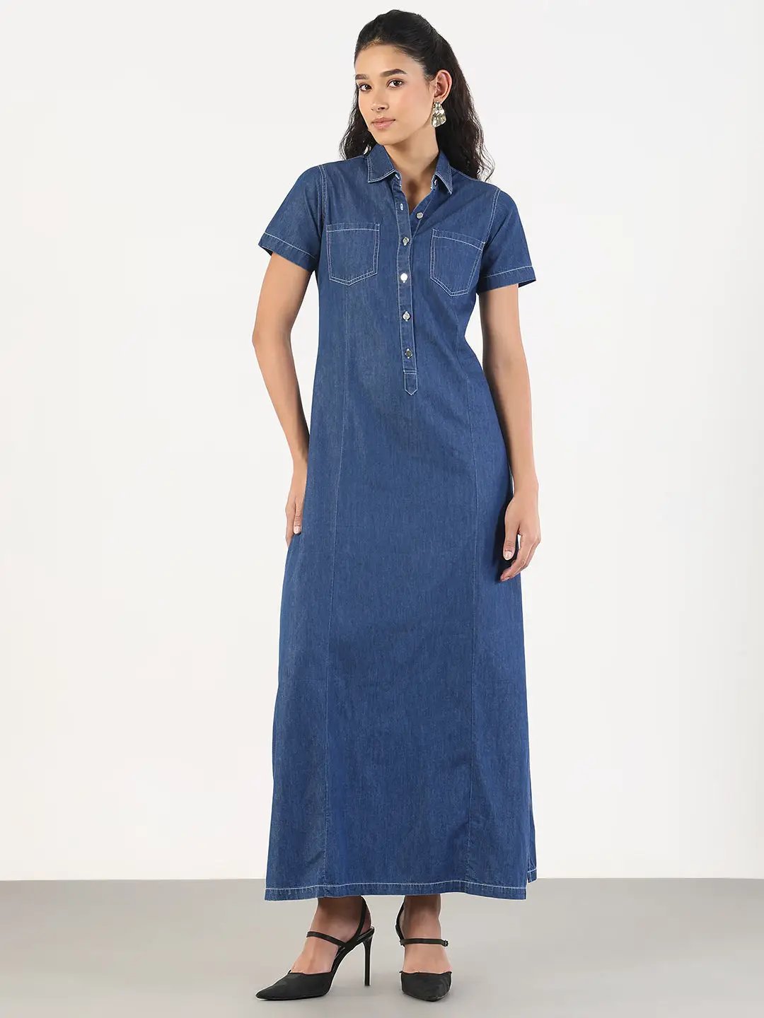 Women's Solid Blue Denim A-Line Maxi Dress