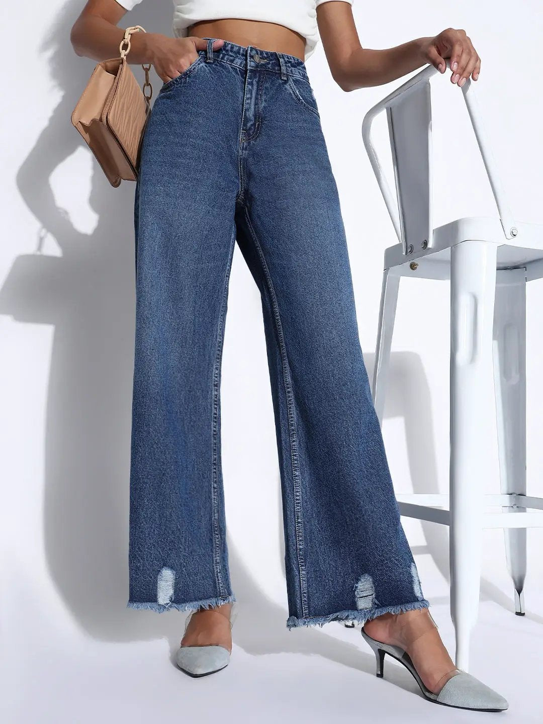 Women's Solid Navy Blue Ripped Wide Leg Jeans