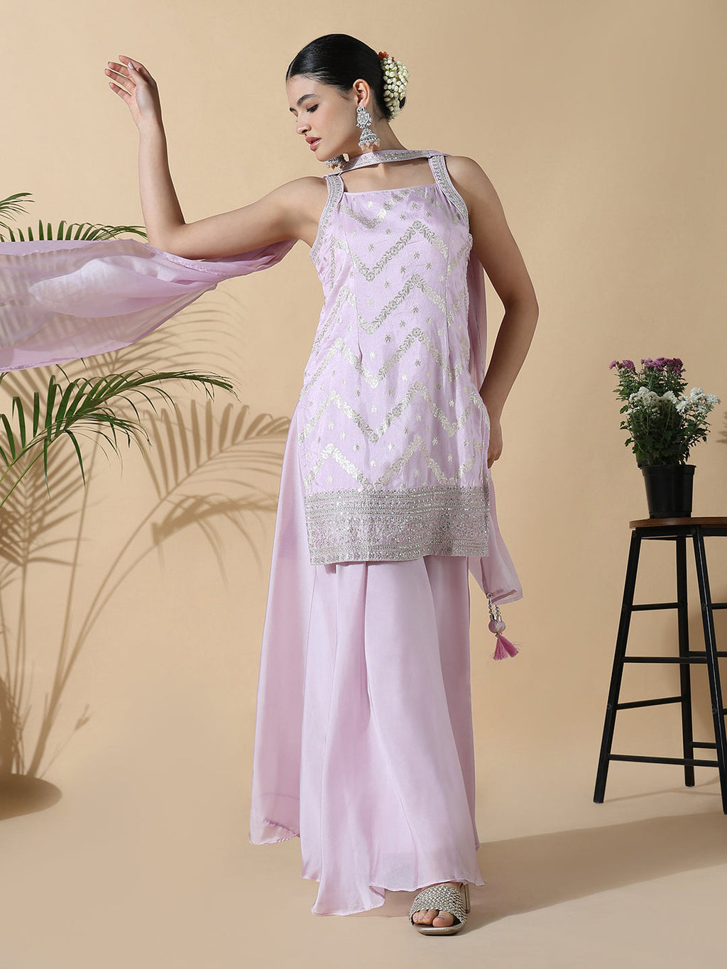 Women's Straight Sequinned Shoulder Strap Purple Kurti with Palazzos