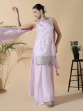Women's Straight Sequinned Shoulder Strap Purple Kurti with Palazzos
