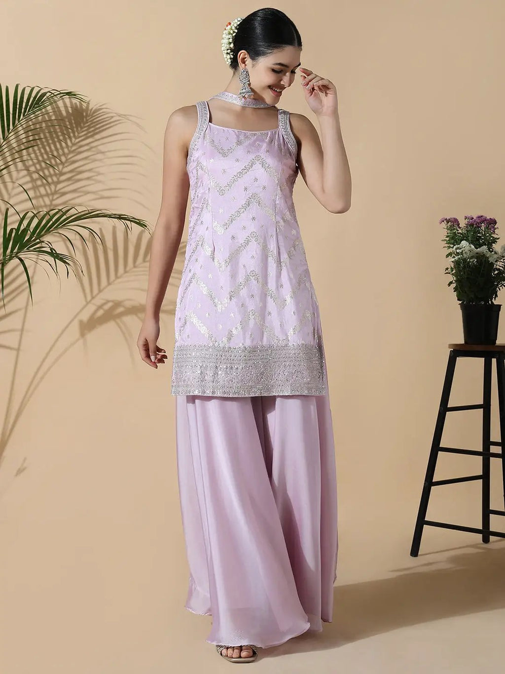 Women's Straight Sequinned Shoulder Strap Purple Kurti with Palazzos