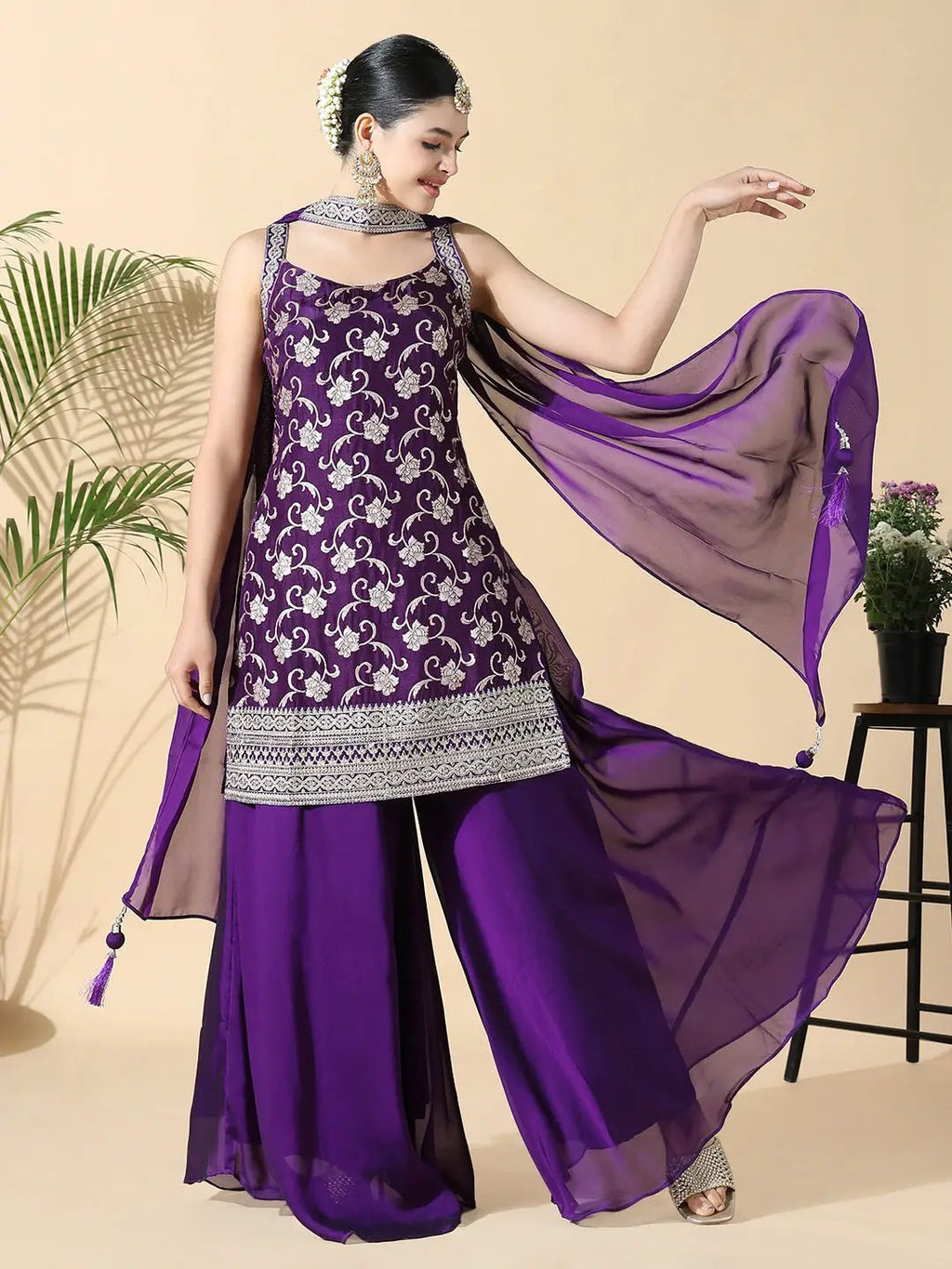 Women's Straight Zari Work Purple Kurti with Palazzos