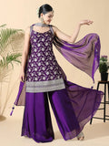 Women's Straight Zari Work Purple Kurti with Palazzos