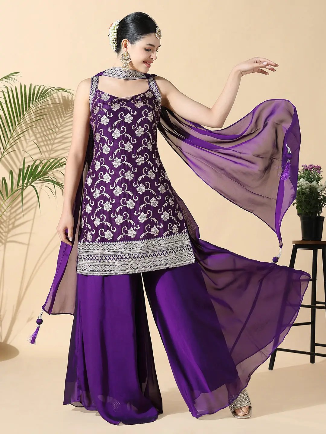 Women's Straight Zari Work Purple Kurti with Palazzos
