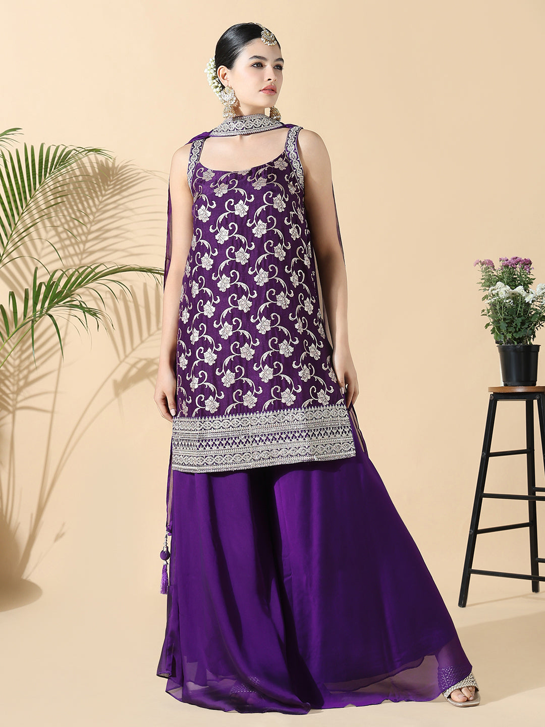 Women's Straight Zari Work Purple Kurti with Palazzos