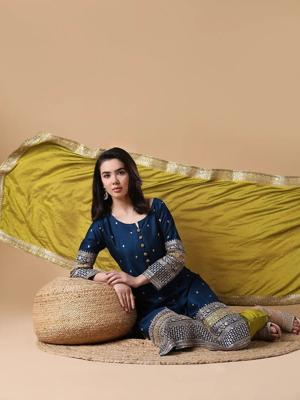 Women's Straight Sequinned Blue Kurta Set with Dupatta