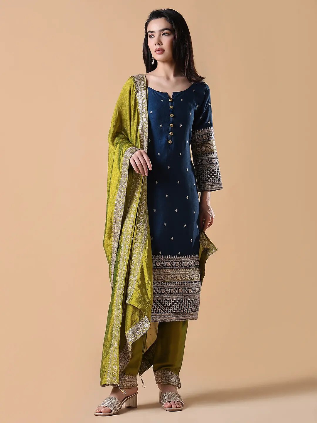 Women's Straight Sequinned Blue Kurta Set with Dupatta
