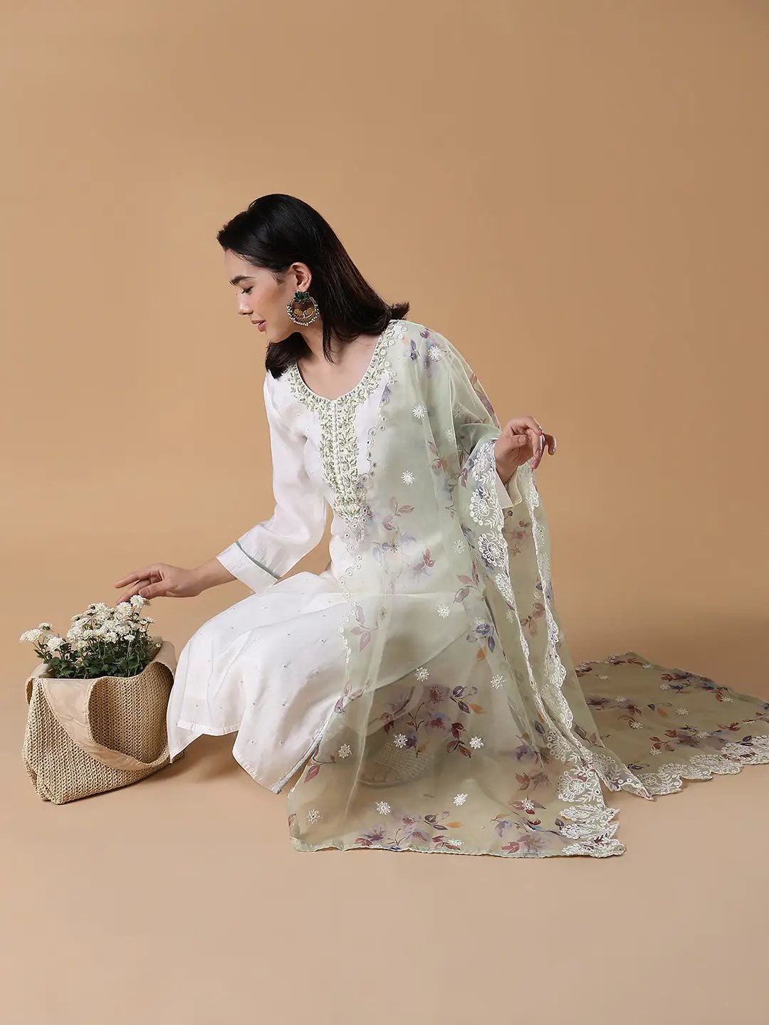 Women's Solid Straight White Kurta Set with Dupatta