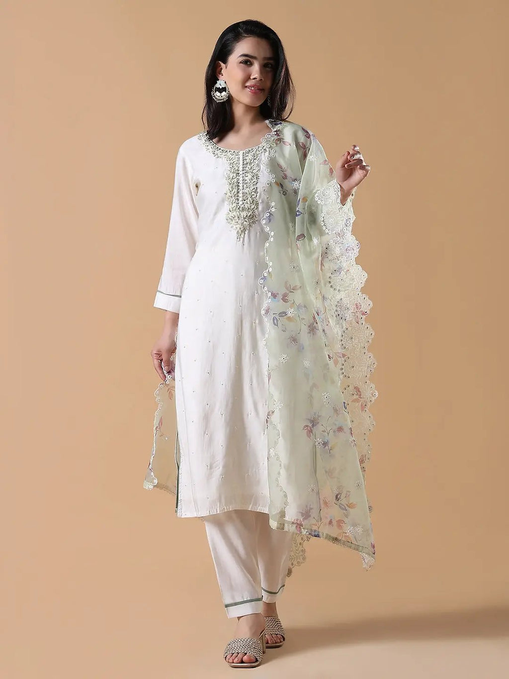 Women's Solid Straight White Kurta Set with Dupatta