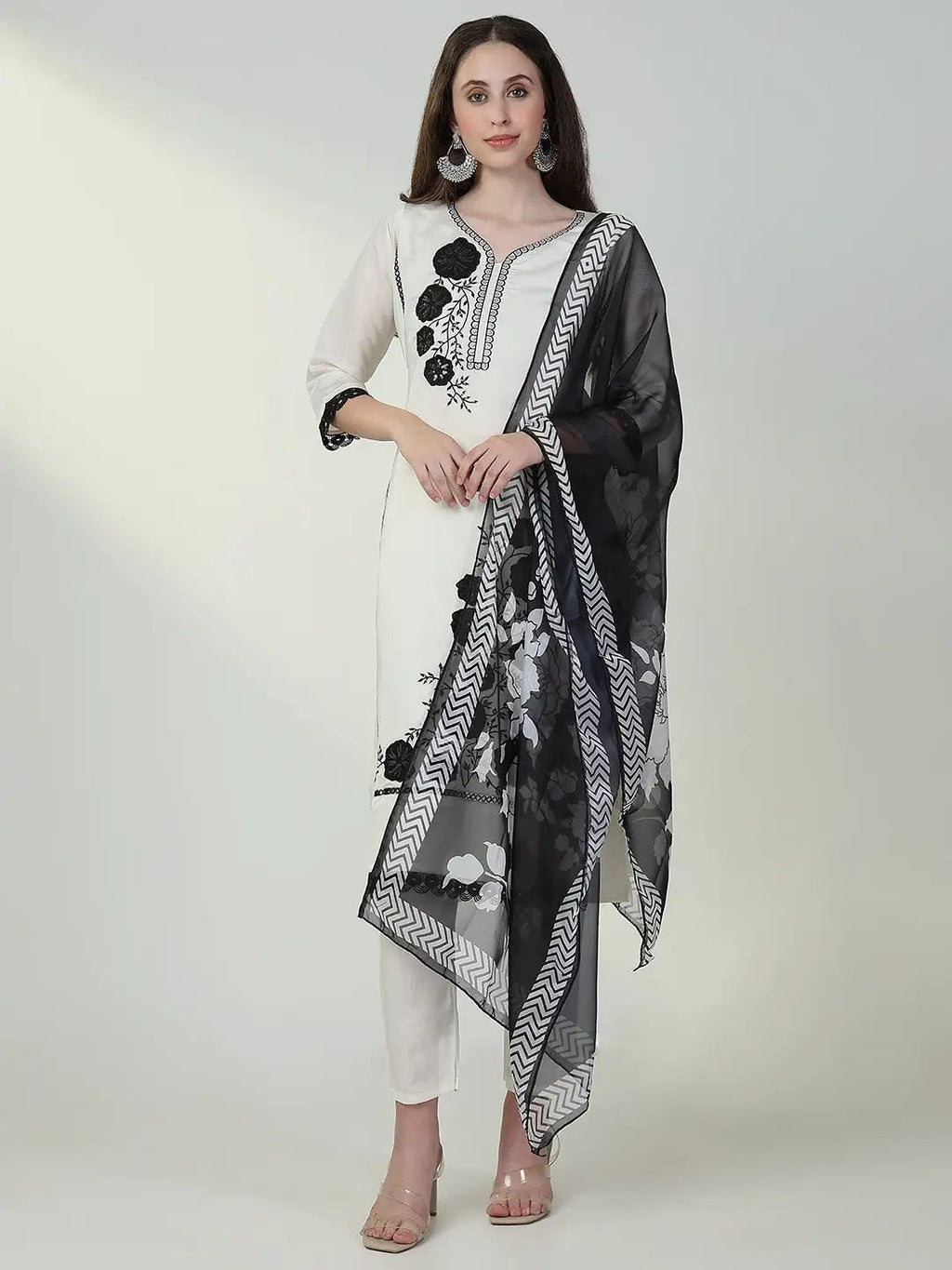 Women's Ethnic Solid Off White Straight Kurta Set with Dupatta