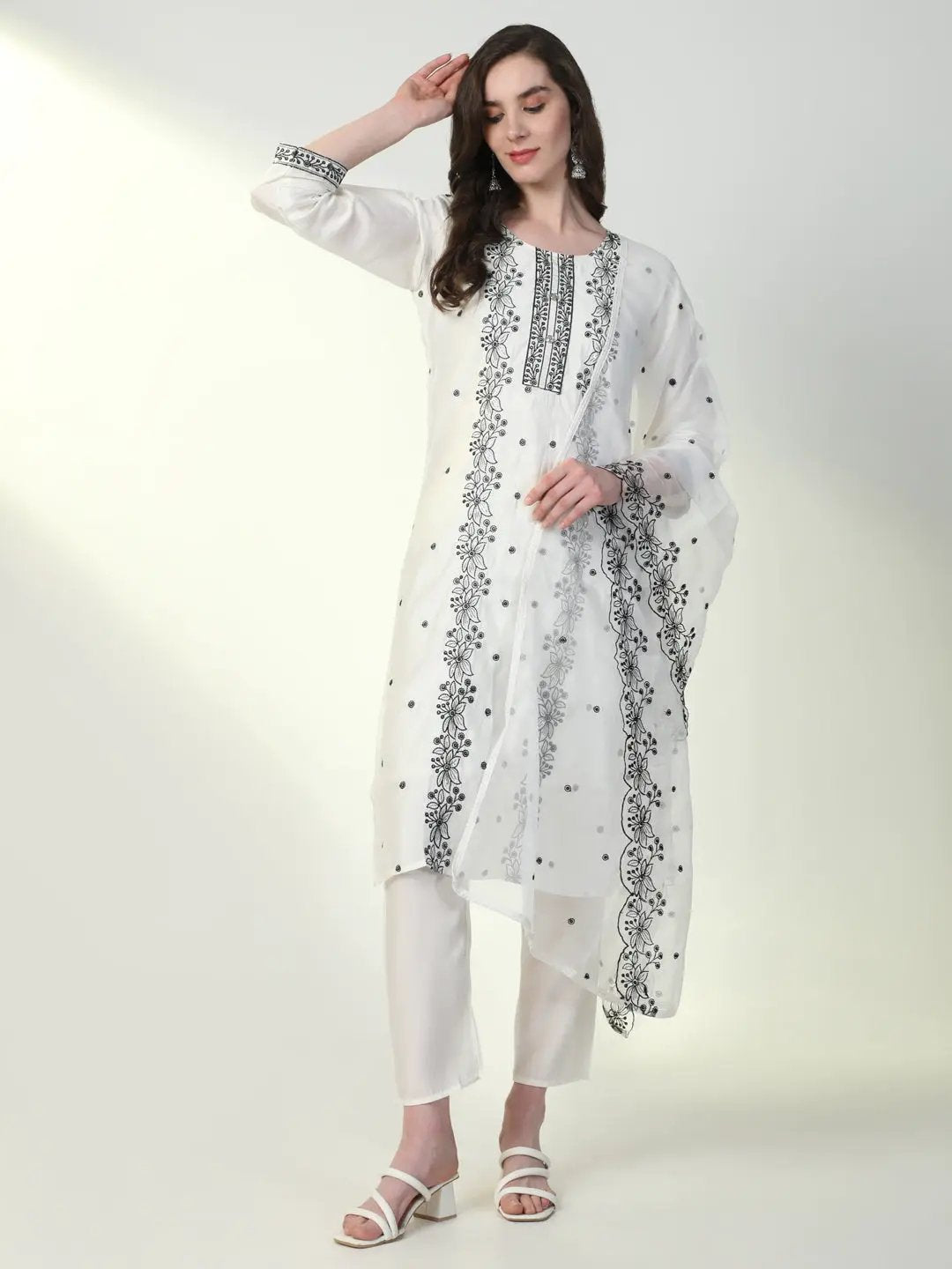 Women's Ethnic Off White Embroidered Kurta Set with Dupatta
