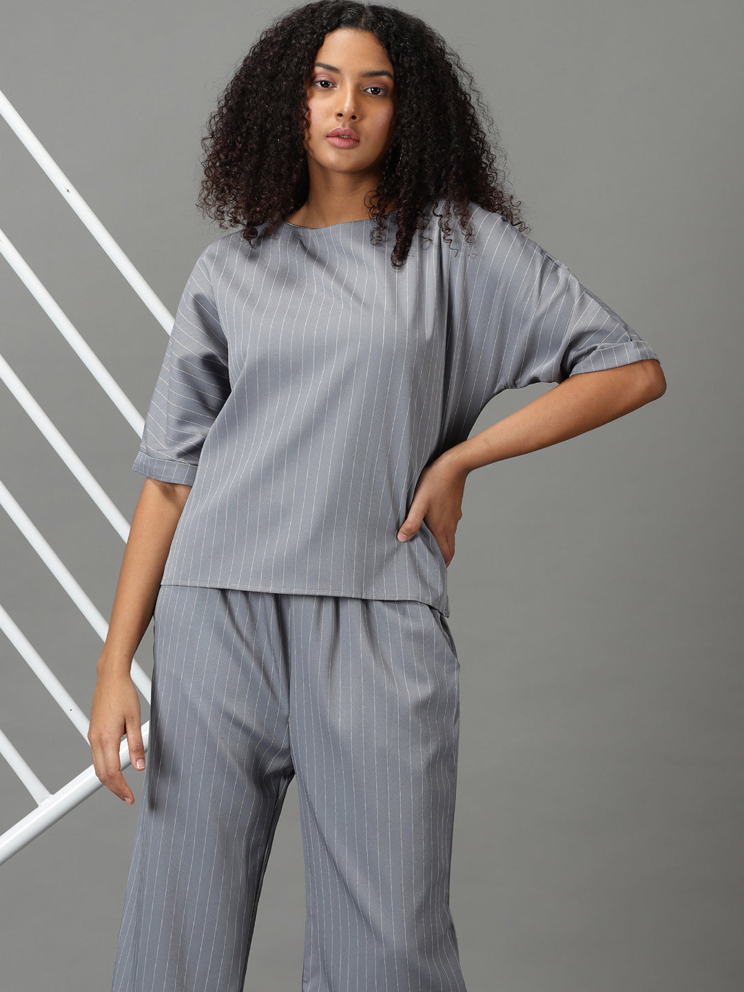 Women's Grey Round Neck Striped Co-Ords Set