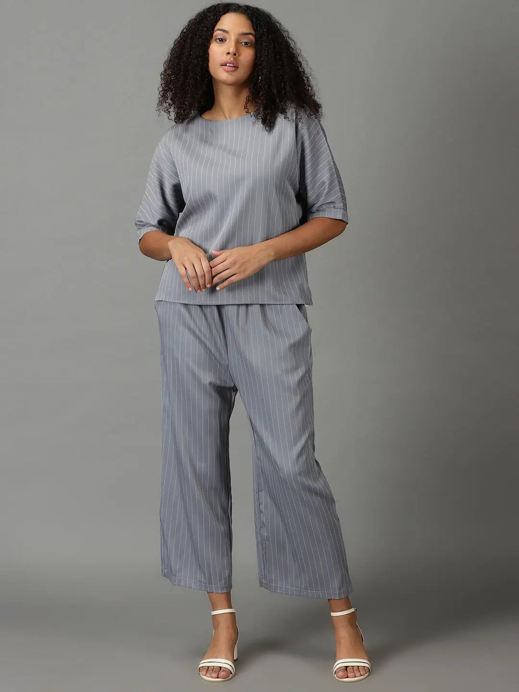 Women's Grey Round Neck Striped Co-Ords Set