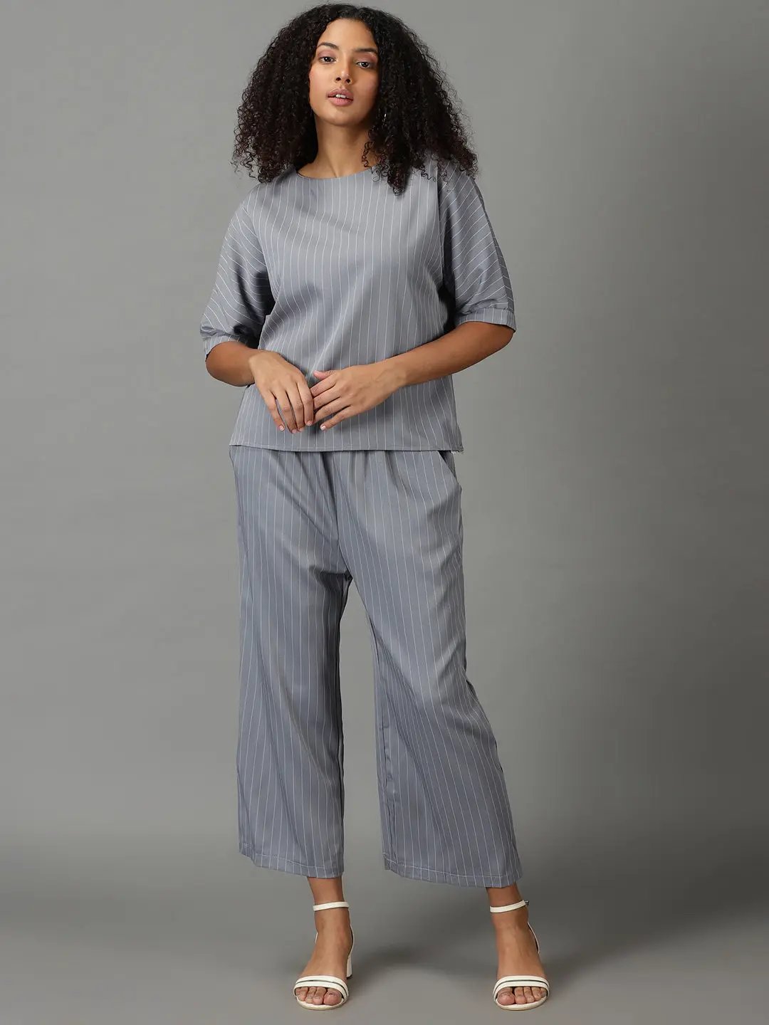 Women's Grey Round Neck Striped Co-Ords Set