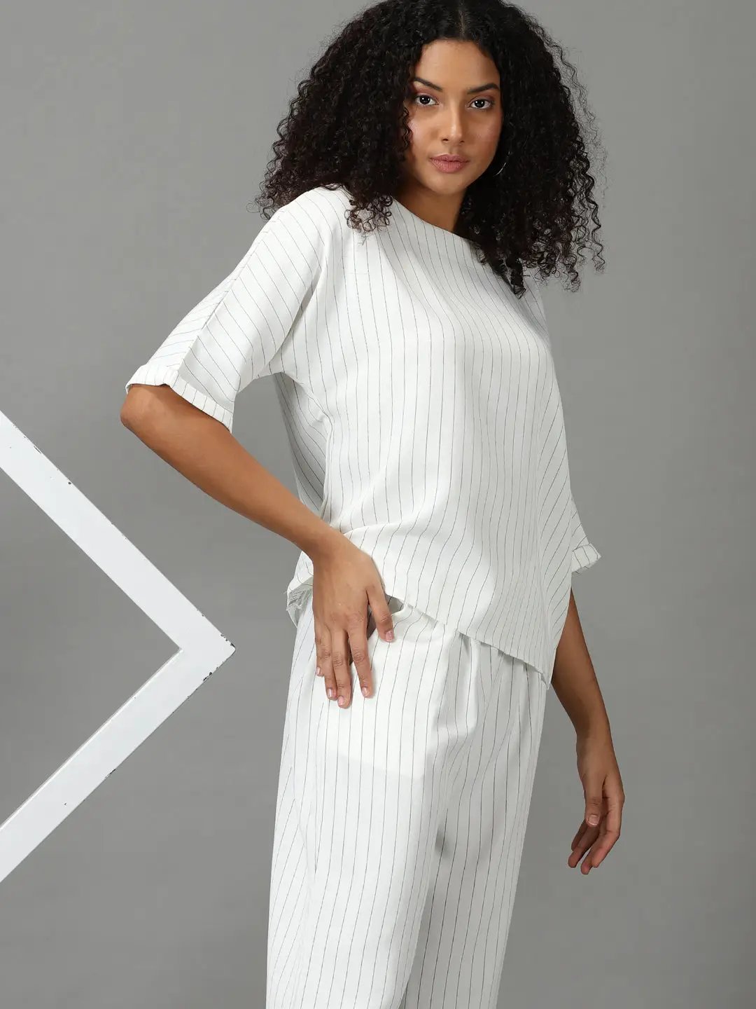 Women's White Round Neck Striped Co-Ords Set