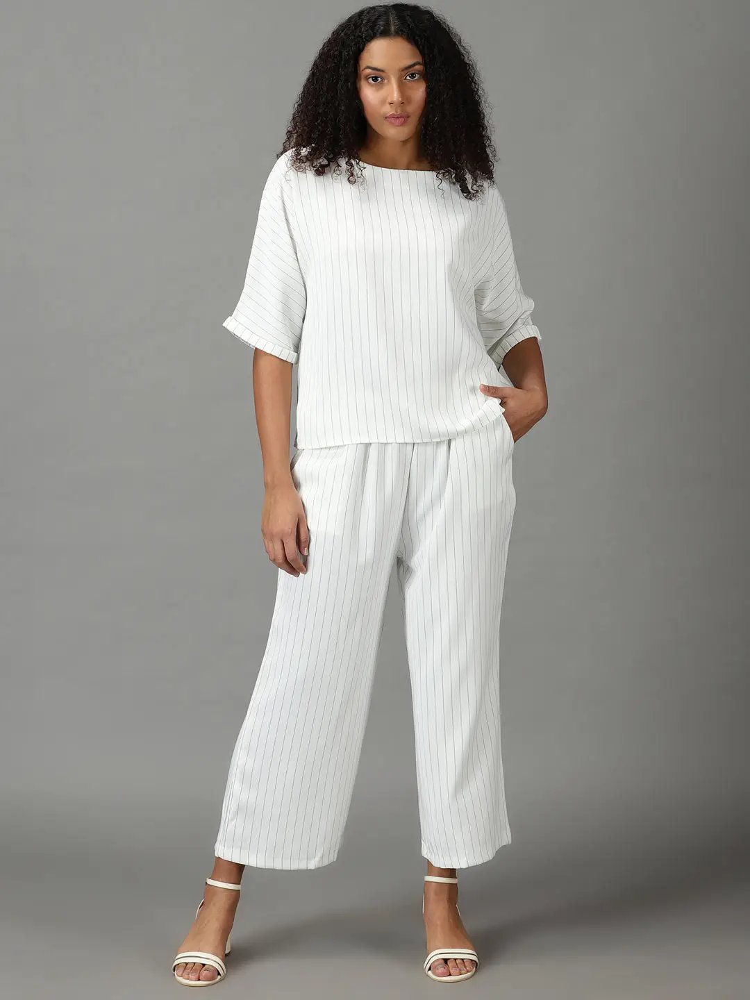 Women's White Round Neck Striped Co-Ords Set