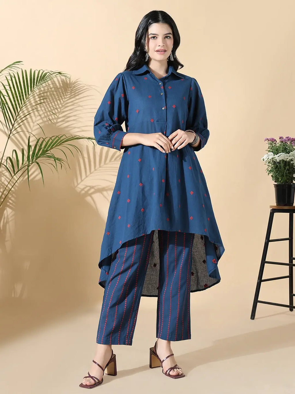 Women's Geometric Anarkali Navy Blue Kurta Set