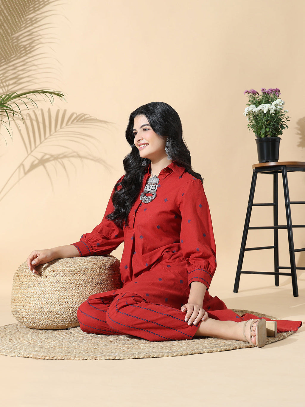 Women's Geometric Anarkali Red Kurta Set