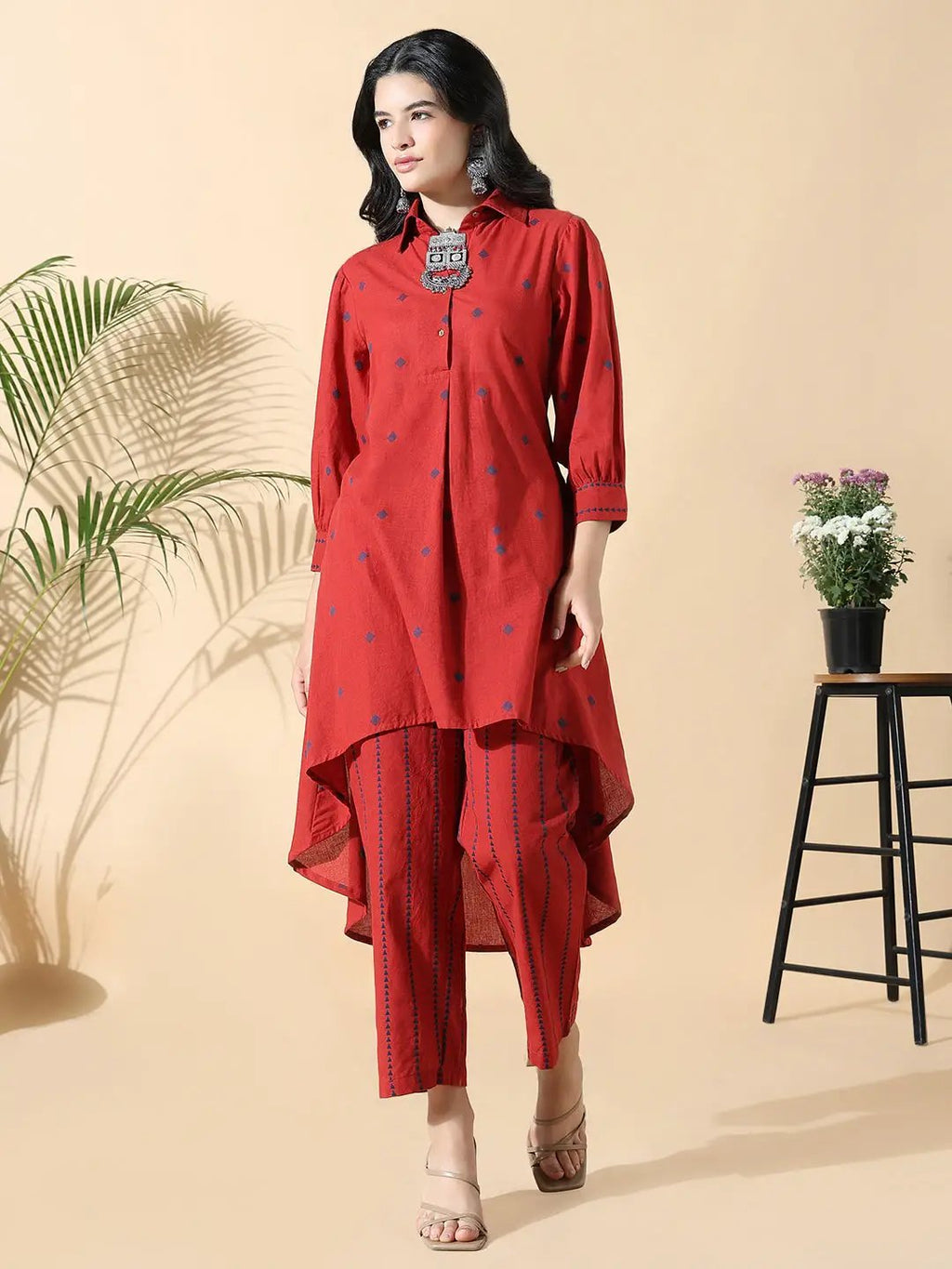 Women's Geometric Anarkali Red Kurta Set