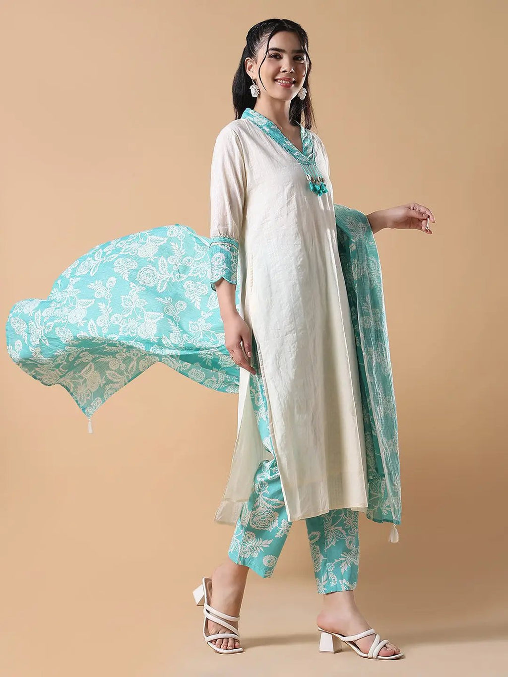Women's Cotton Solid Straight Off White Kurta Set with Dupatta