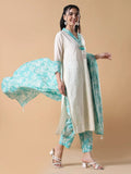 Women's Cotton Solid Straight Off White Kurta Set with Dupatta