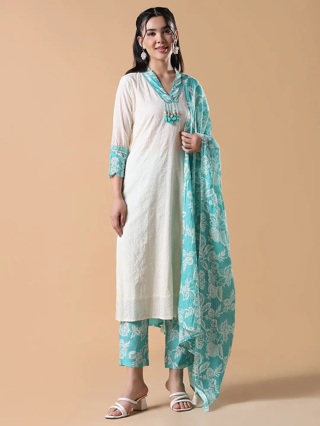 Women's Cotton Solid Straight Off White Kurta Set with Dupatta