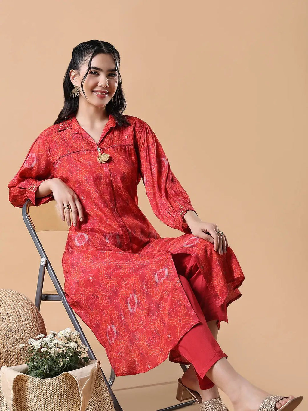 Women's Ethnic Motifs A-Line Red Kurta Set