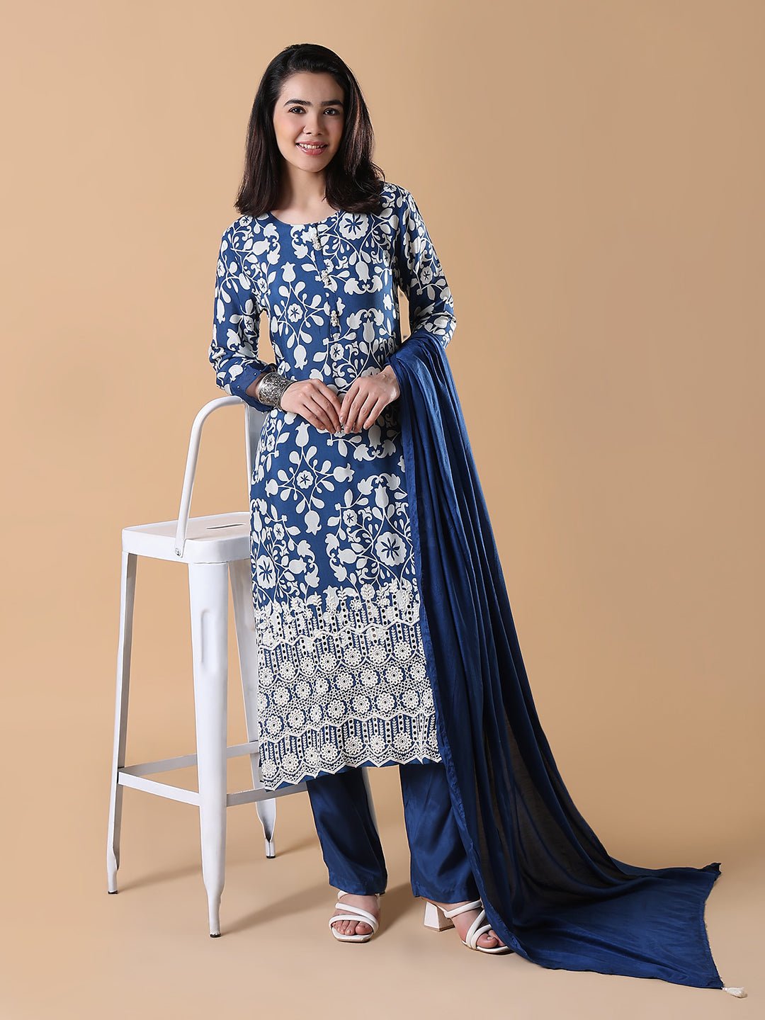 Women's Ethnic Motifs Straight Thread Work Blue Kurta Set with Dupatta